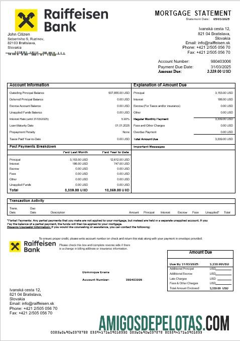 Extrato de hipoteca do Banco Raiffeisen da Eslováquia em formatos Word e PDF exemplo